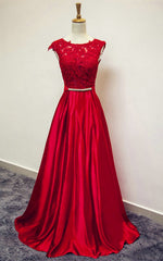 Red Satin and Lace Round Neckline Evening Gown, A-line Formal Gown