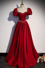 Red Satin Long Prom Dress, Cute Short Sleeve Evening Graduation Dress