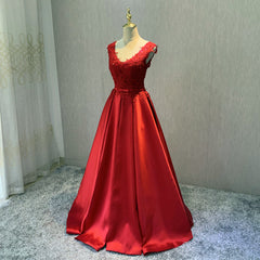 Red Satin V-neckline Floor Length Prom Dress, Backless Red Party Dress