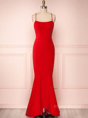 Red Thin Straps Mermaid Backless Long Prom Dresses, Red Mermaid Formal Dresses, Red Evening Dresses