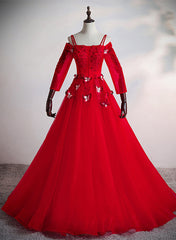 Red Tulle Ball Gown Off Shoulder Long Party Dress, Red Sweet 16 Dresses