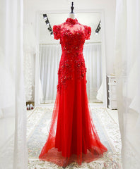 Red Tulle Lace Long Prom Dress, Red Lace Tulle Formal Dress