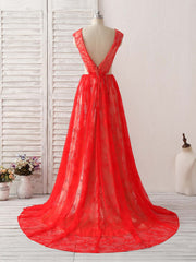 Red V Neck Lace Long Prom Dress, Lace Evening Dress