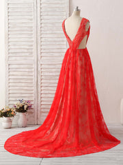 Red V Neck Lace Long Prom Dress, Lace Evening Dress