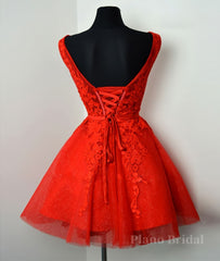 Red v neck lace tulle short prom dress, red homecoming dress