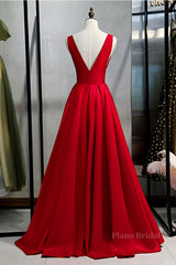 Red v neck satin long prom dress simple red evening dress