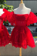 Red Tulle Puff Sleeves Ruffles Tulle Homecoming Dress