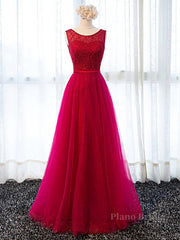 Round Neck Burgundy Beaded Prom Dresses, Wine Red Beaded Formal Evening Bridesmaid Dresses