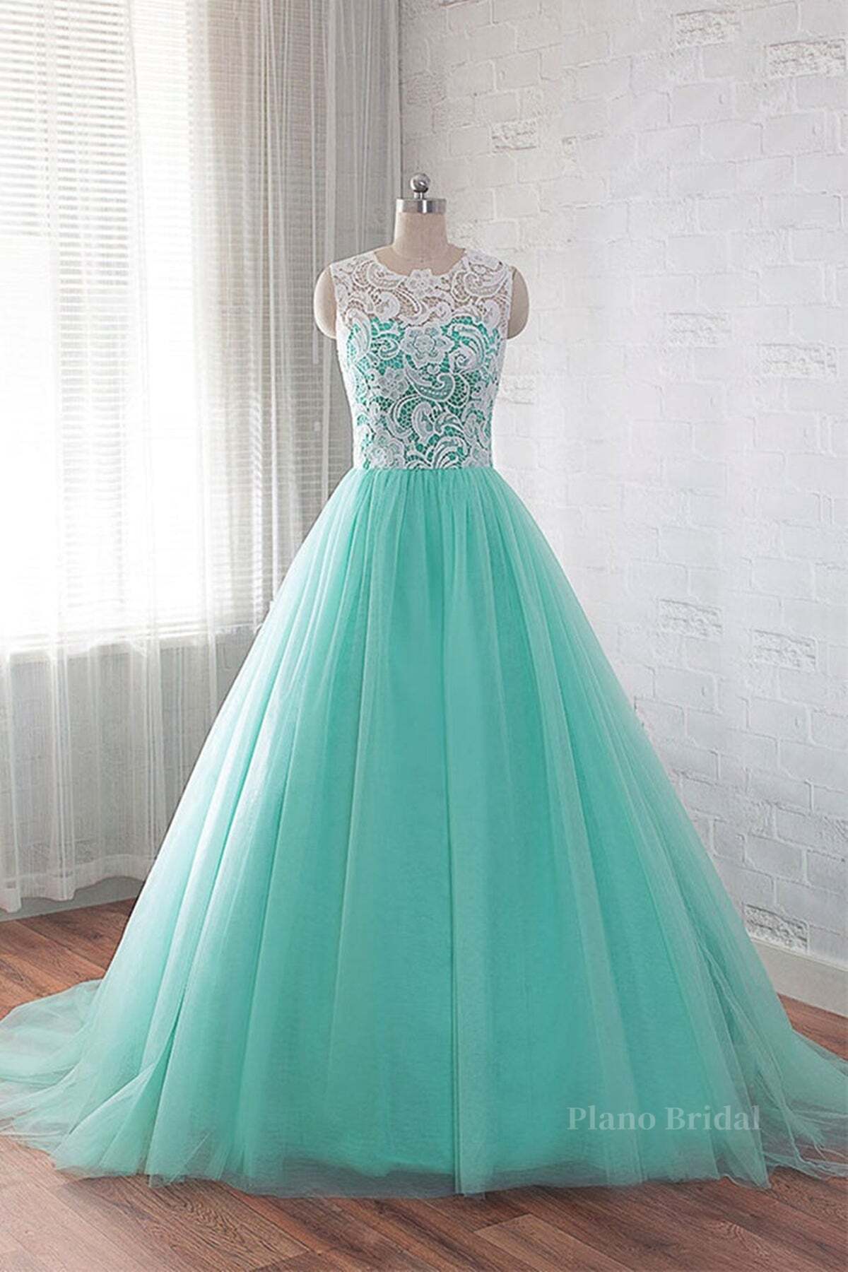 Round Neck Green Lace Tulle Long Prom Dresses, Green Lace Formal Dresses, Green Evening Dresses