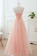 Round Neck Pink Lace Long Prom Dresses, Pink Lace Bridesmaid Dresses