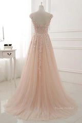 Round Neck Pink Lace Prom Dresses, Pink Lace Formal Evening Dresses