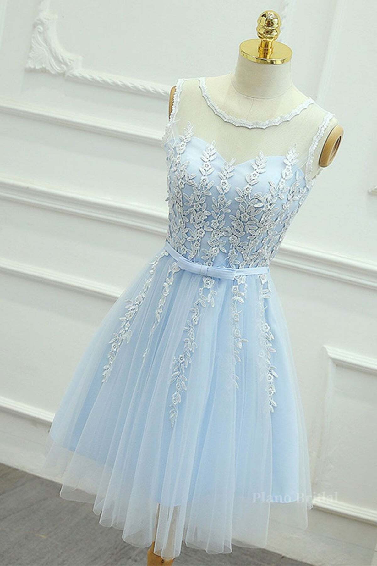 Round Neck Short Blue Lace Prom Dresses, Short Blue Lace Homecoming Graduation Dresses