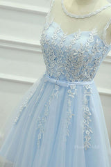 Round Neck Short Blue Lace Prom Dresses, Short Blue Lace Homecoming Graduation Dresses