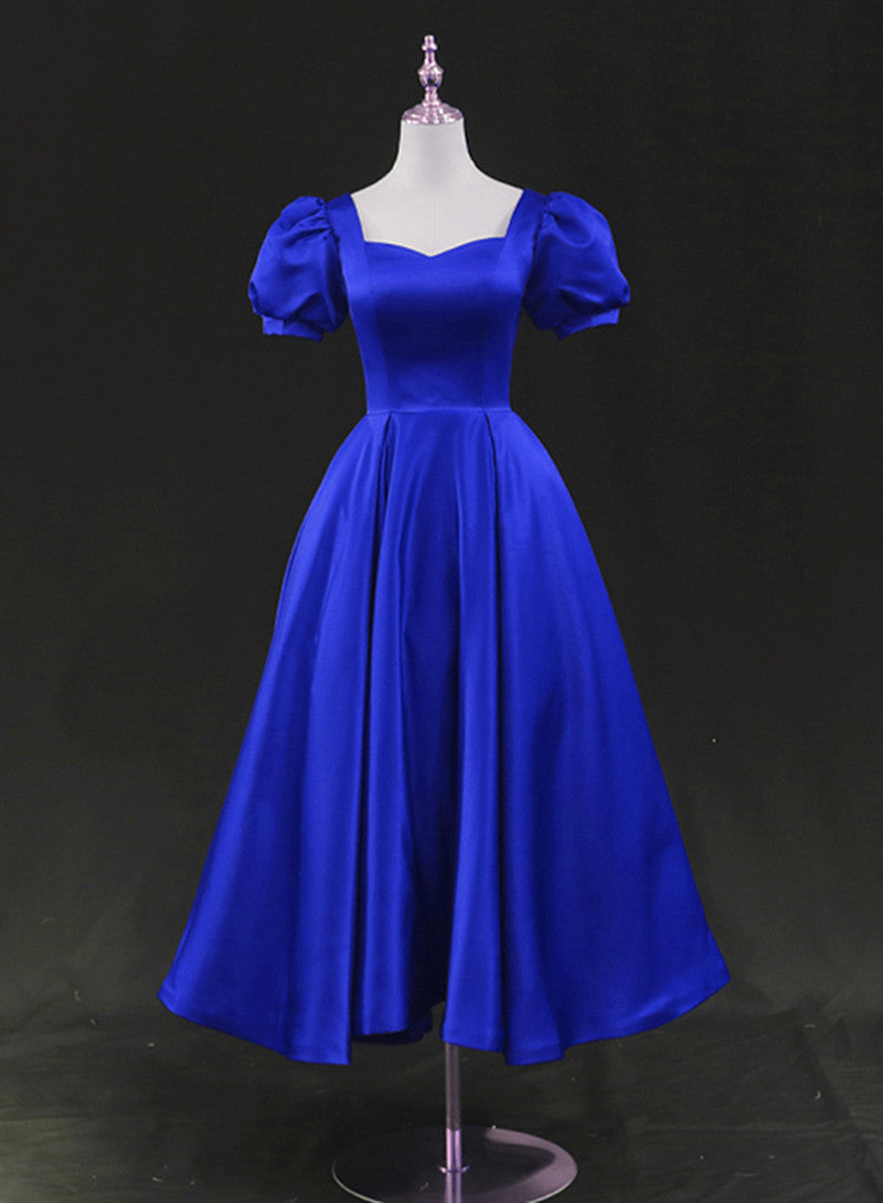 Royal Blue Satin Tea Length Wedding Party Dress, Blue Prom Homecoming Dress