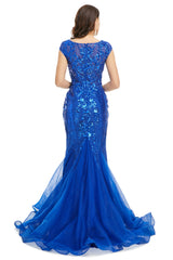 Royal Blue Sequined Tulle Mermaid Cap Sleeve Scoop Neck Formal Gowns