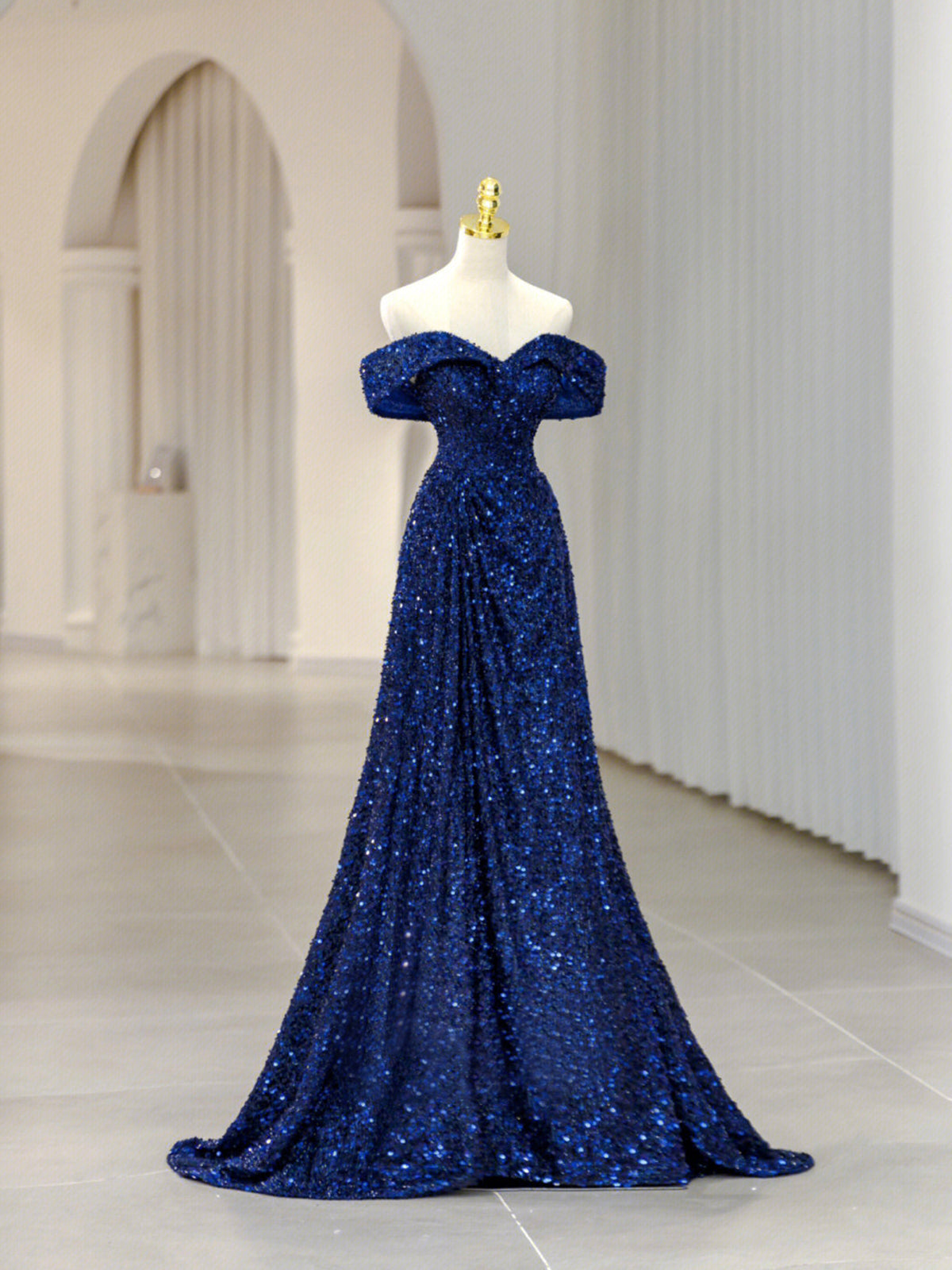 Royal Blue Sequins Long Prom Dress,Off the Shoulder Formal Evening Dresses