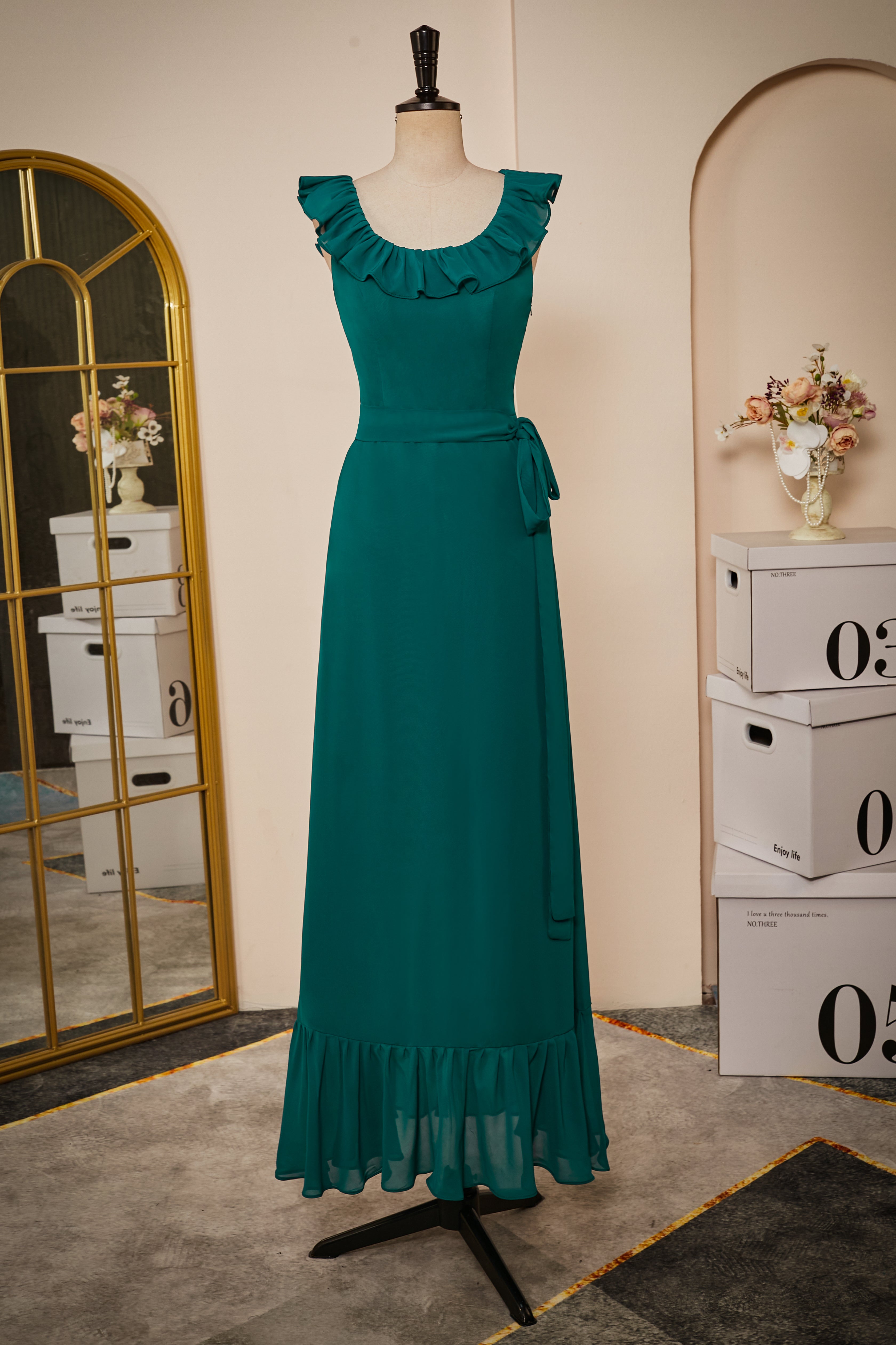 Ruffled Crew Neck Emerald Chiffon Midi Bridesmaid Dress