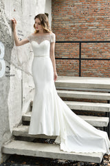 Satin Beaded Boat Neck Cap Sleeve Mermaid Wedding Dresses