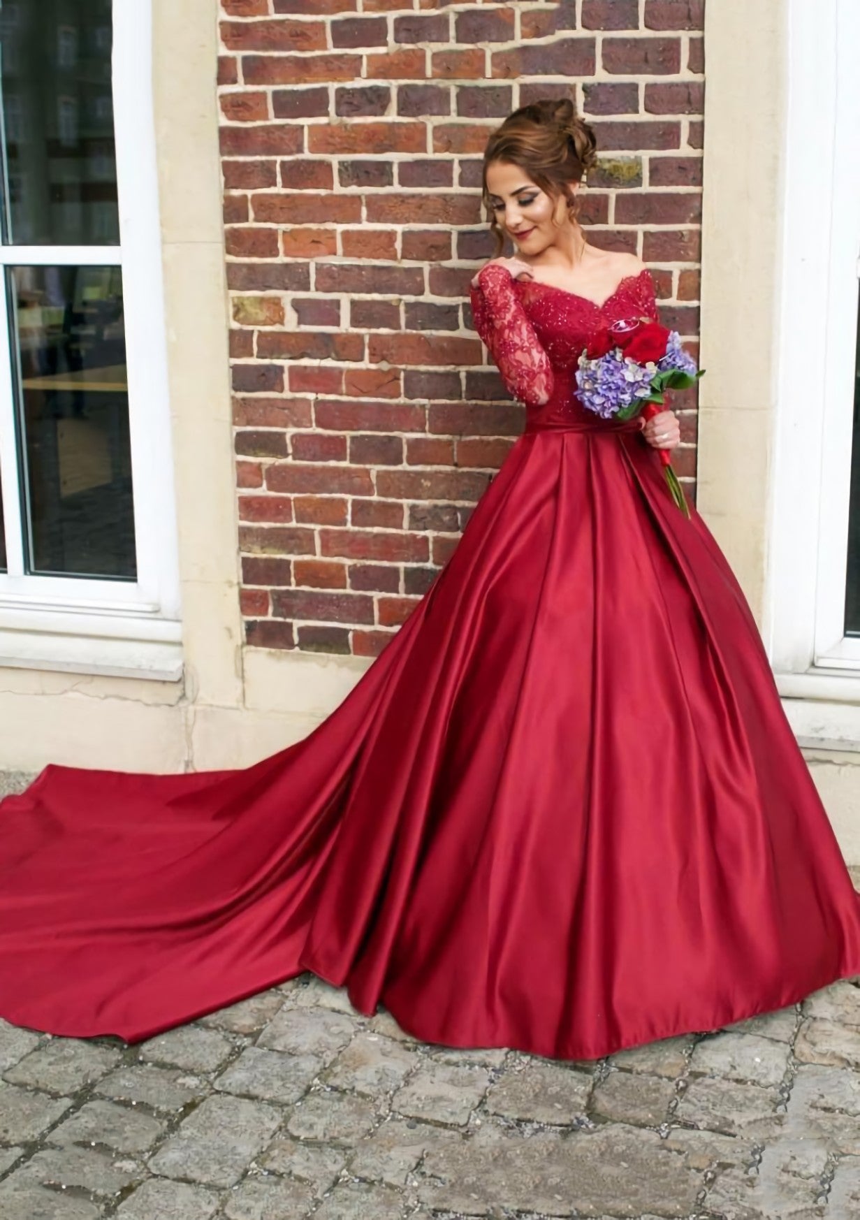 Satin Prom Dress Ball Gown V Neck Cathedral Train With Lace