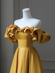 Satin Yellow Long Prom Dress, Aline Formal Yellow Graduation Party Dress