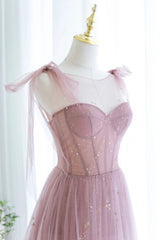 Scoop Neckline Tulle Pink Long Prom Dress, Cute A-Line Evening Party Dress