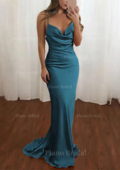 Sheath Column Cowl Neck Spaghetti Straps Sweep Train Satin Prom Dress