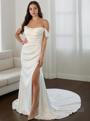 Sheath/Column Off-the-Shoulder Court Train Charmeuse Wedding Dresses With Leg Slit