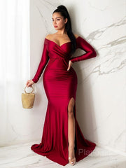 Sheath/Column Off-the-Shoulder Sweep Train Jersey Evening Dresses With Leg Slit