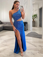 Sheath/Column One-Shoulder Sweep Train Jersey Prom Dresses With Leg Slit