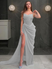 Sheath/Column Spaghetti Straps Sweep Train Organza Prom Dresses With Leg Slit