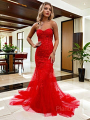 Sheath/Column Sweetheart Court Train Tulle Prom Dresses With Appliques Lace