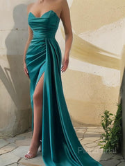 Sheath/Column Sweetheart Sweep Train Silk like Satin Prom Dresses With Leg Slit