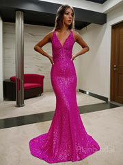 Sheath/Column V-neck Court Train Sequins Prom Dresses