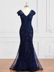 Sheath/Column V-neck Floor-Length Tulle Mother of the Bride Dresses With Appliques Lace