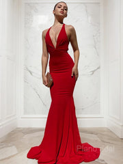 Sheath/Column V-neck Sweep Train Jersey Prom Dresses With Ruffles