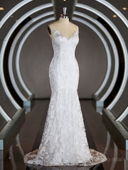 Sheath/Column V-neck Sweep Train Lace Wedding Dresses with Appliques Lace