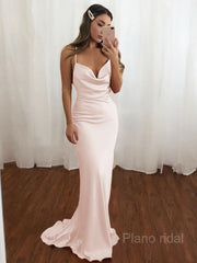 Sheath/Column V-neck Sweep Train NS Elastic Woven Satin Prom Dresses