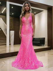 Sheath/Column V-neck Sweep Train Prom Dresses