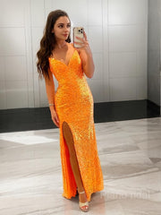 Sheath/Column V-neck Sweep Train Sequins Prom Dresses With Leg Slit