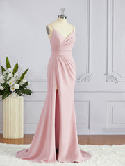 Sheath/Column V-neck Sweep Train Stretch Crepe Bridesmaid Dresses with Leg Slit