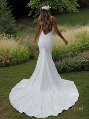 Sheath/Column V-neck Sweep Train Stretch Crepe Wedding Dresses