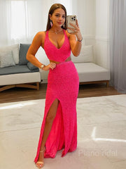 Sheath/Column V-neck Sweep Train Velvet Sequins Evening Dresses With Leg Slit