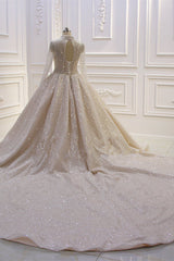 Shiny Sequined Long Sleevess Pleats Champange Wedding Dress