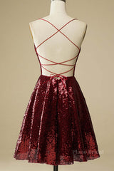 Shiny Sequins Backless Burgundy Short Prom Dresses, Backless Burgundy Homecoming Dresses, Burgundy Formal Evening Dresses