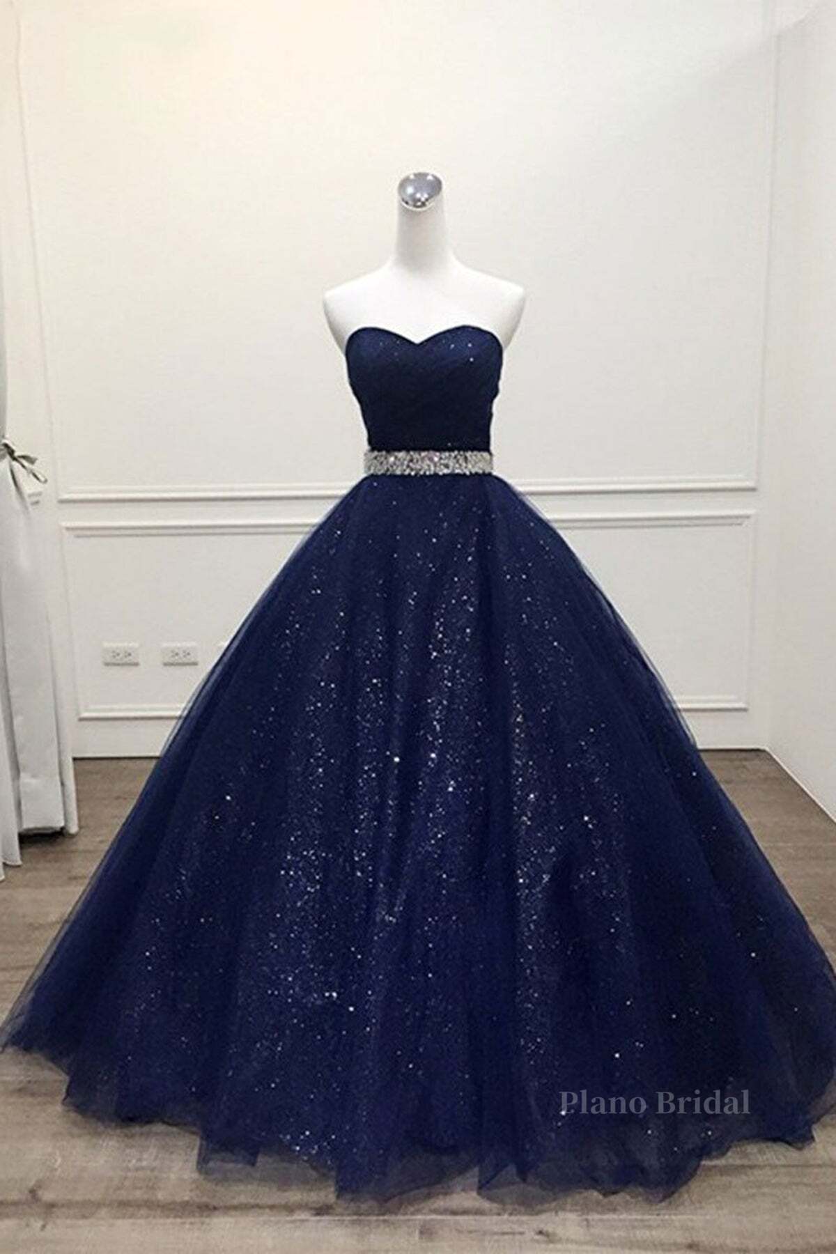 Shiny Strapless Dark Blue Long Prom Dresses, Dark Blue Long Formal Evening Gown