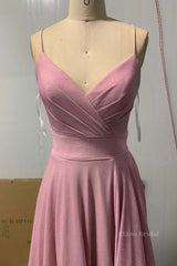 Shiny V Neck Pink Long Prom Dresses, Pink V Neck Long Formal Evening Dresses