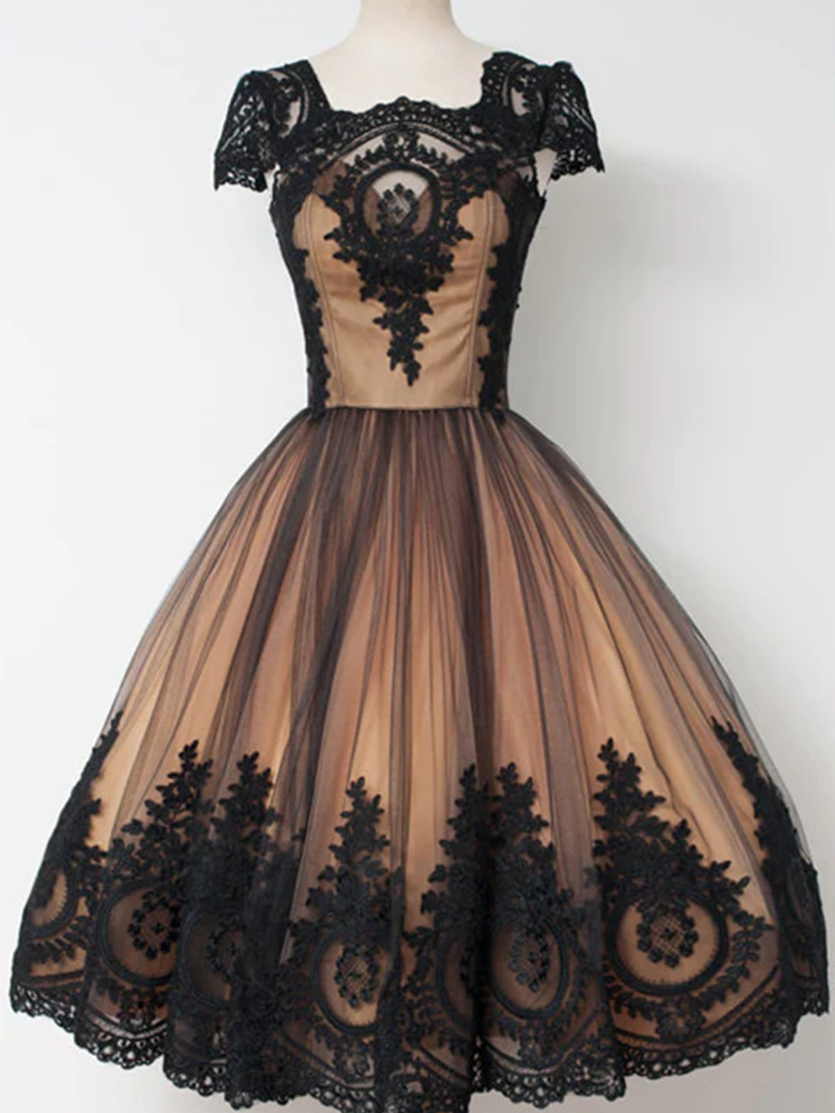 Short Cap Sleeves Black Lace Prom Dresses, Short Black Lace Graduation Homecoming Dresses