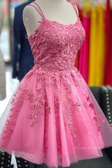 Short Pink Backless Lace Prom Dresses, Short Pink Open Back Formal Homecoming Dresses