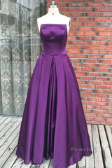 Simple Backless Purple Satin Long Prom Dresses, Backless Purple Formal Dresses, Purple Evening Dresses