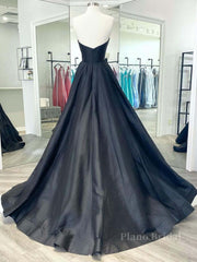 Simple black satin long prom dress, black evening dress